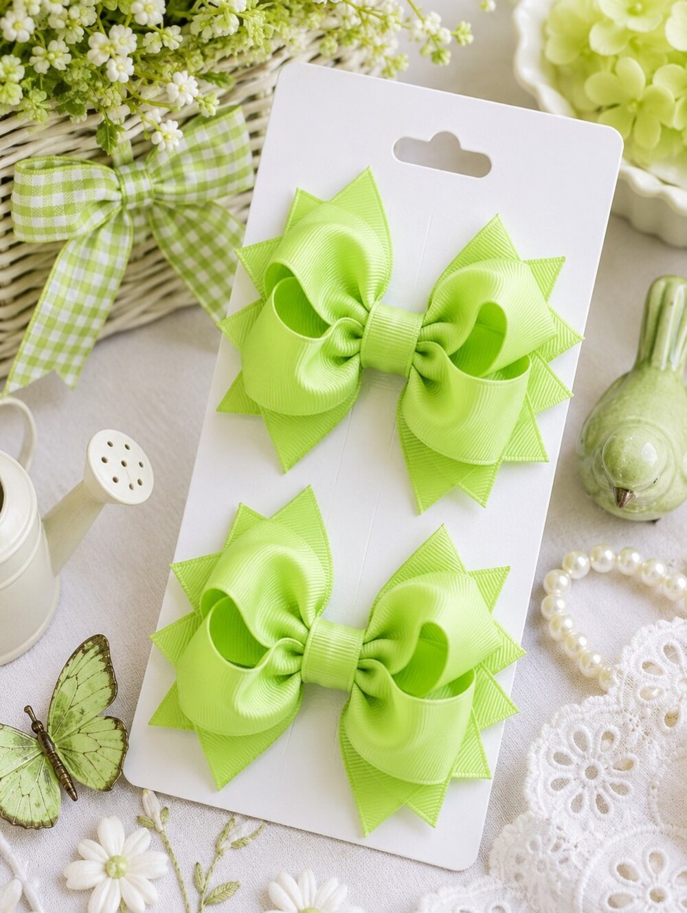 Shimmy Shimmy Lime Green Boutique Hair Bows Set of 2 NWT Made in USA